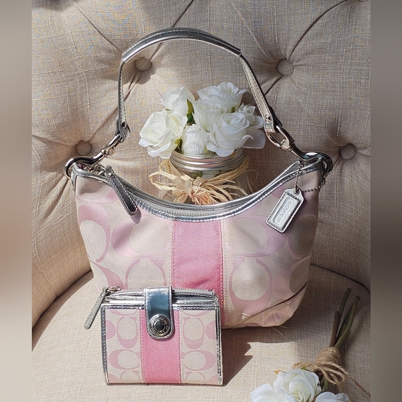 Coach Handbags - Coach Signature Jacquard Stripe Hobo Shoulder Bag Purse & Wallet Set ( Pink )